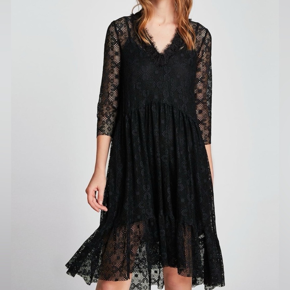 Zara Black 3/4 Sleeve V-Neck Lace Dress - Picture 12 of 16